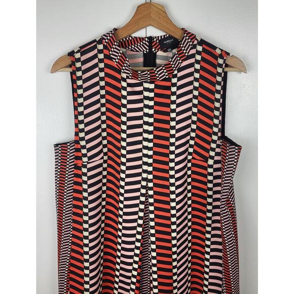 MARELLA Stripe Pleated A-Line Geometric Print Shift Silky Dress Black Orange | 8 - Picture 11 of 16